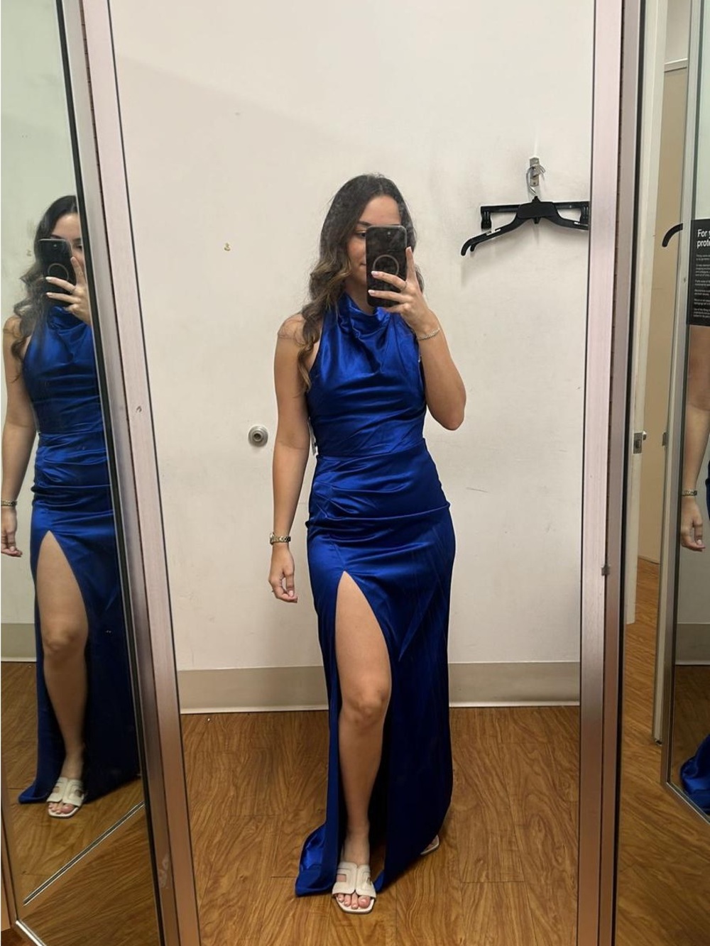 Macy's Cowl-Neck Royal Blue Satin Evening Gown with High Slit